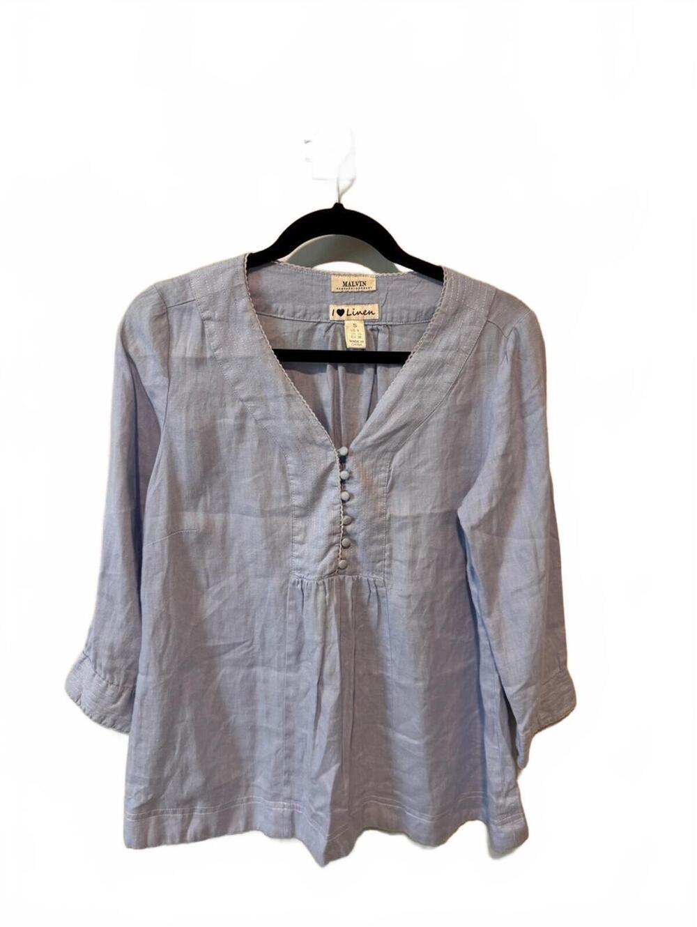 Linen Malvin Hamburg Germany Blouse | Baby Blue | 3/4 Sleeve | Size S (US 6)